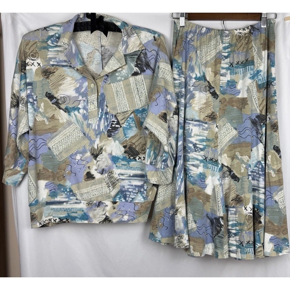 VTG Kay Silver Abstract Art to Wear Shirt(L) Skirt(M) Set Pastel Brushstroke 80s